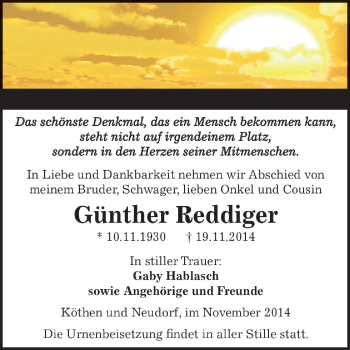 Traueranzeige von Günther Reddiger von WVG - Wochenspiegel Dessau / Köthen