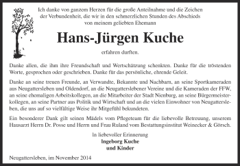 Traueranzeige von Hans-Jürgen Kuche von Super Sonntag Bernburg