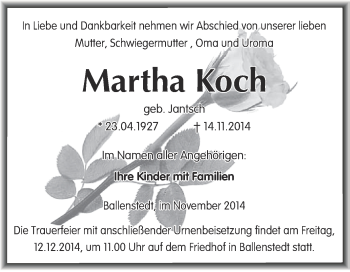 Traueranzeige von Martha Koch von WVG - Wochenspiegel Quedlinburg