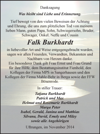 Traueranzeige von Falk Burkhardt von Super Sonntag SGH Mansf. Land
