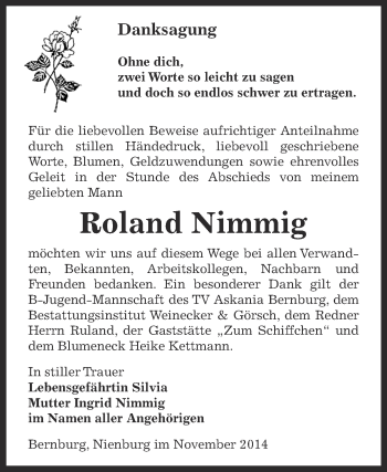 Traueranzeige von Roland Nimmig von Super Sonntag Bernburg
