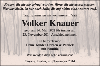 Traueranzeige von Volker Knauer von Super Sonntag Wittenberg
