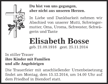 Traueranzeige von Elisabeth  Bosse von Super Sonntag Bernburg