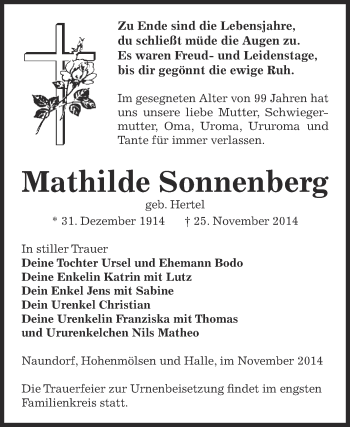 Traueranzeige von Mathilde  Sonnenberg von Super Sonntag Zeitz