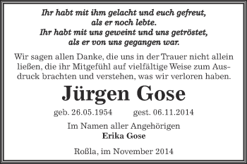 Traueranzeige von Jürgen Gose von Super Sonntag SGH Mansf. Land