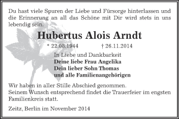 Traueranzeige von Hubertus Alois Arndt von Super Sonntag Zeitz