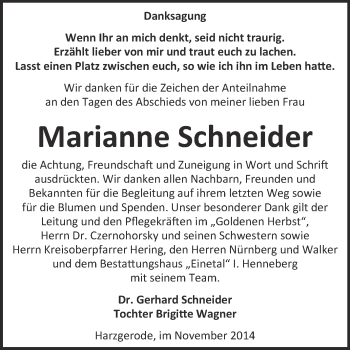 Traueranzeige von Marianne Schneider von Super Sonntag Quedlinburg