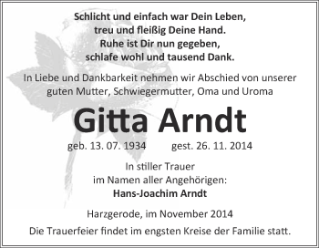 Traueranzeige von Gitta Arndt von Super Sonntag Quedlinburg
