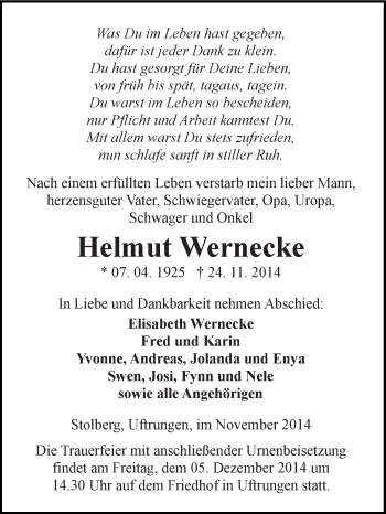 Traueranzeige von Helmut Wernecke von Super Sonntag SGH Mansf. Land