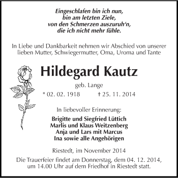 Traueranzeige von Hildegard Kautz von Super Sonntag SGH Mansf. Land