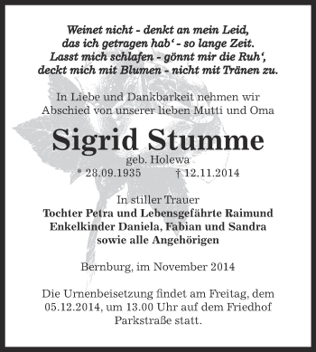 Traueranzeige von Sigrid Stumme von Super Sonntag Bernburg