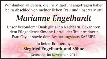Traueranzeige von Marianne Engelhardt von WVG - Wochenspiegel Quedlinburg