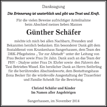 Traueranzeige von Günther Schäfer von Super Sonntag SGH Mansf. Land