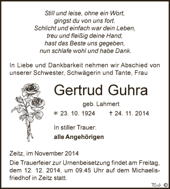 Traueranzeige von Gertrud  Guhra von Super Sonntag Zeitz