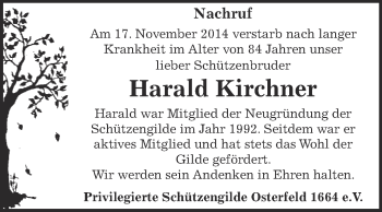 Traueranzeige von Harald Kirchner von Super Sonntag Zeitz