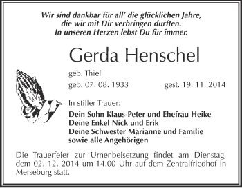 Traueranzeige von Gerda Henschel von WVG - Wochenspiegel Merseburg
