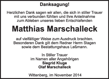 Traueranzeige von Matthias Marschalleck von Super Sonntag Wittenberg
