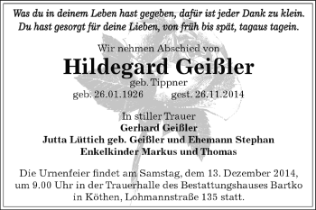 Traueranzeige von Hildegard Geißler von WVG - Wochenspiegel Dessau / Köthen