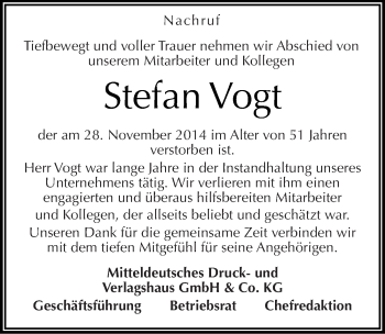 Traueranzeige von Stefan Vogt von Mitteldeutsche Zeitung Halle/Saalkreis