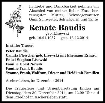 Traueranzeige von Renate Baudis von Mitteldeutsche Zeitung Aschersleben