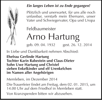 Traueranzeige von Arno Hartung von Mitteldeutsche Zeitung