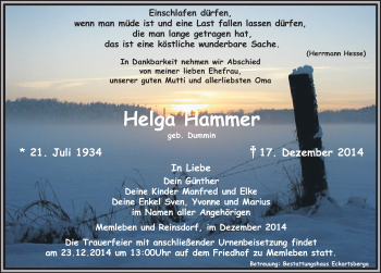 Traueranzeige von Helga Hammer von Mitteldeutsche Zeitung Naumburg/Nebra