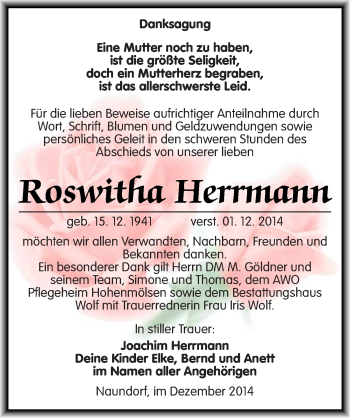 Traueranzeige von Roswitha Herrmann von Mitteldeutsche Zeitung Weißenfels