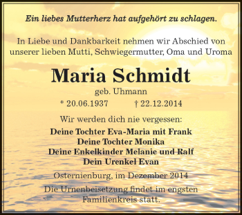 Traueranzeige von Maria Schmidt von WVG - Wochenspiegel Dessau / Köthen