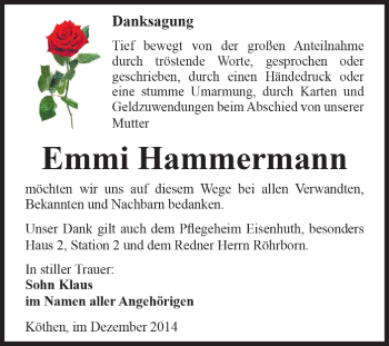 Traueranzeige von Emmi Hammermann von WVG - Wochenspiegel Dessau / Köthen