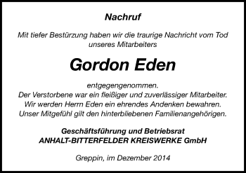 Traueranzeige von Gordon Eden von Mitteldeutsche Zeitung Bitterfeld