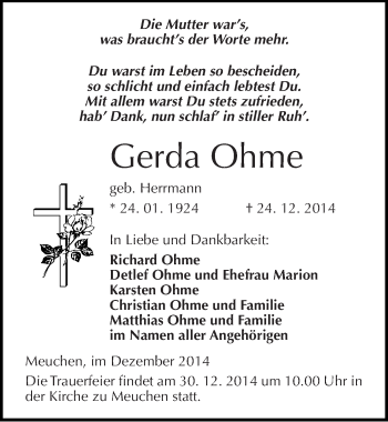 Traueranzeige von Gerda Ohme von Mitteldeutsche Zeitung Weißenfels