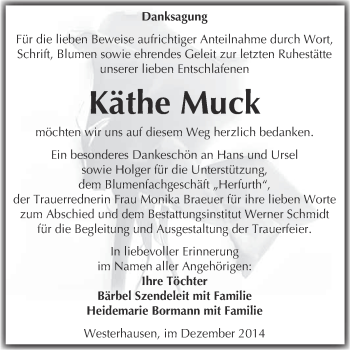 Traueranzeige von Käthe Muck von WVG - Wochenspiegel Quedlinburg