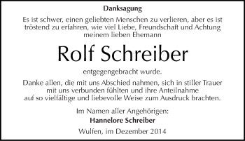 Traueranzeige von Rolf Schreiber von Mitteldeutsche Zeitung Köthen
