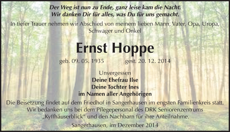  Traueranzeige für Ernst Hoppe vom 29.12.2014 aus Mitteldeutsche Zeitung Sangerhausen
