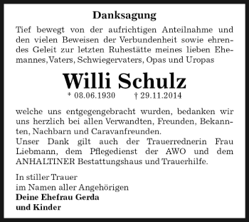 Traueranzeige von Willi Schulz von WVG - Wochenspiegel Dessau / Köthen