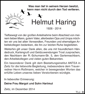 Traueranzeige von Helmut Haring von Super Sonntag Zeitz