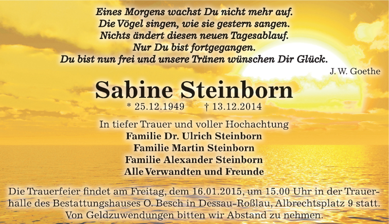  Traueranzeige für Sabine Steinborn vom 27.12.2014 aus Mitteldeutsche Zeitung Dessau-Roßlau