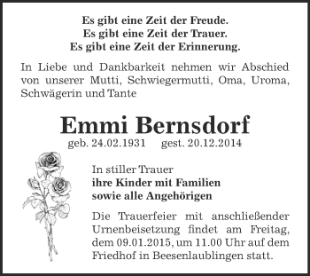 Traueranzeige von Emmi Bernsdorf von Super Sonntag Bernburg