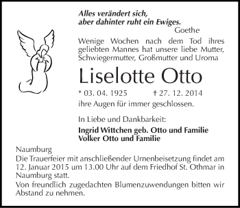 Traueranzeige von Liselotte Otto von Mitteldeutsche Zeitung Naumburg/Nebra