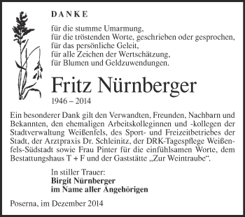 Traueranzeige von Fritz Nürnberger von WVG - Wochenspiegel NMB / WSF / ZTZ