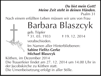 Traueranzeige von Barbara Blaszcyk von Mitteldeutsche Zeitung Köthen