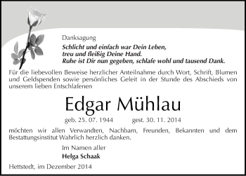 Traueranzeige von Edgar Mühlau von Mitteldeutsche Zeitung Mansfelder Land