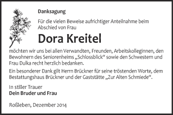 Traueranzeige von Dora Kreitel von WVG - Wochenspiegel NMB / WSF / ZTZ