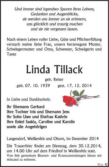 Traueranzeige von Linda Tillack von Mitteldeutsche Zeitung Weißenfels