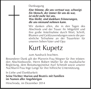 Traueranzeige von Kurt Kupetz von Mitteldeutsche Zeitung Naumburg/Nebra
