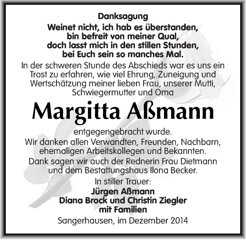  Traueranzeige für Margitta Aßmann vom 27.12.2014 aus Mitteldeutsche Zeitung Sangerhausen