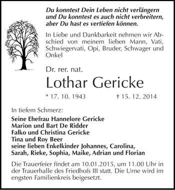 Traueranzeige von Lothar Gericke von Mitteldeutsche Zeitung Dessau-Roßlau