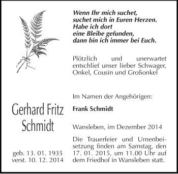 Traueranzeige von Gerhard Fritz Schmidt von Mitteldeutsche Zeitung Mansfelder Land