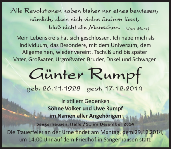 Traueranzeige von Günter Rumpf von Mitteldeutsche Zeitung Sangerhausen