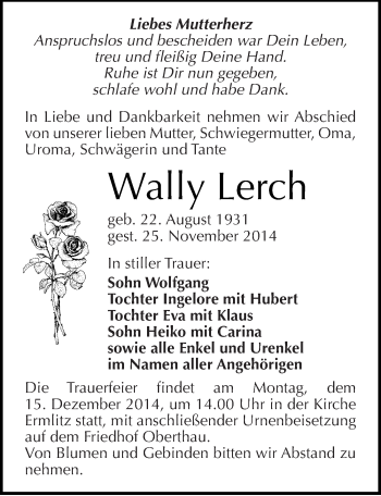 Traueranzeige von Wally Lerch von Mitteldeutsche Zeitung Merseburg/Querfurt
